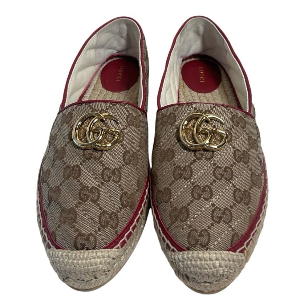 Gucci GG Matelassé Canvas Espadrilles, cherry red leather trim, gold hardware. 9